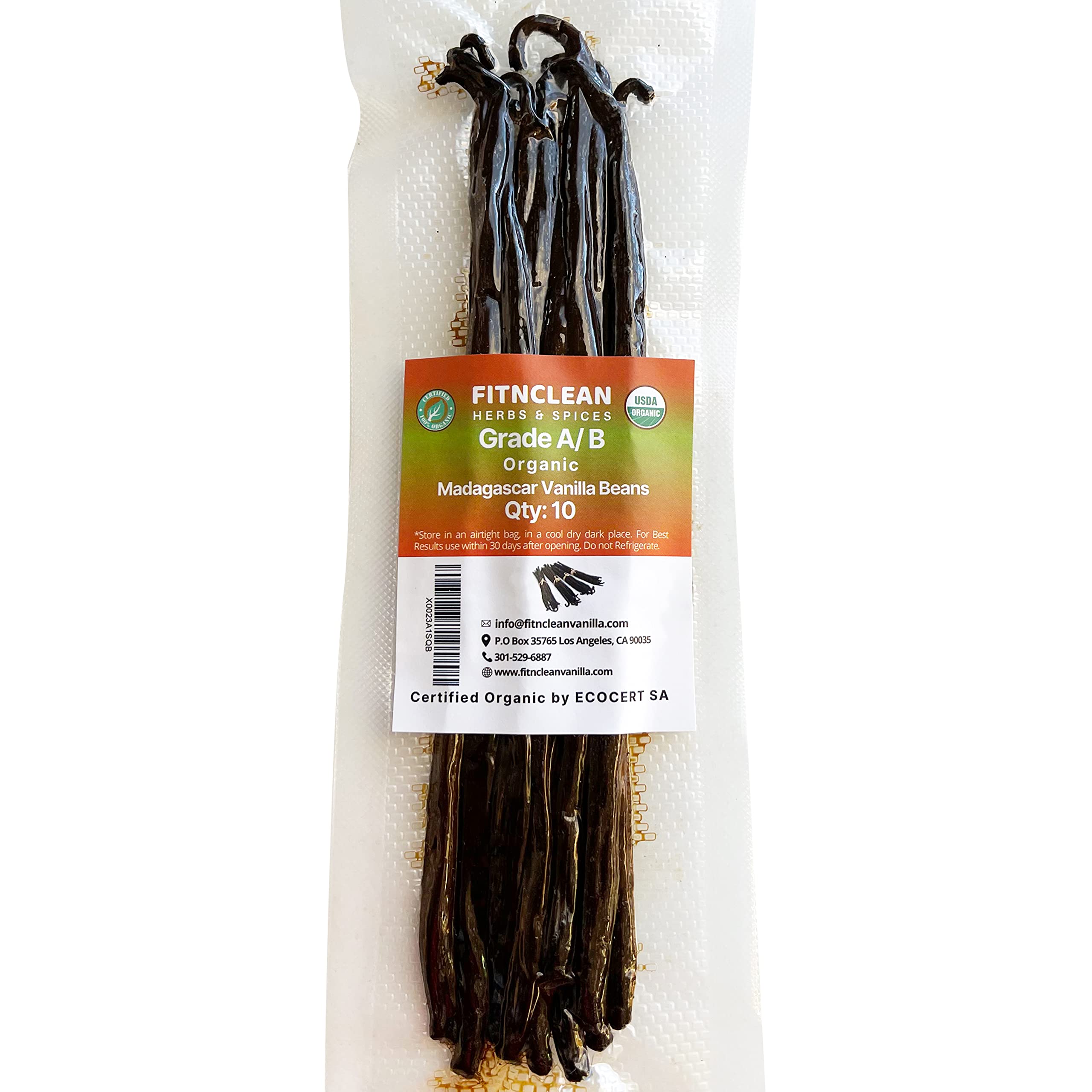 USDA Organic 10 Organic Madagascar Vanilla Beans for Extract and Everything Vanilla, Grade A/B, 5"-7" by FITNCLEAN VANIL